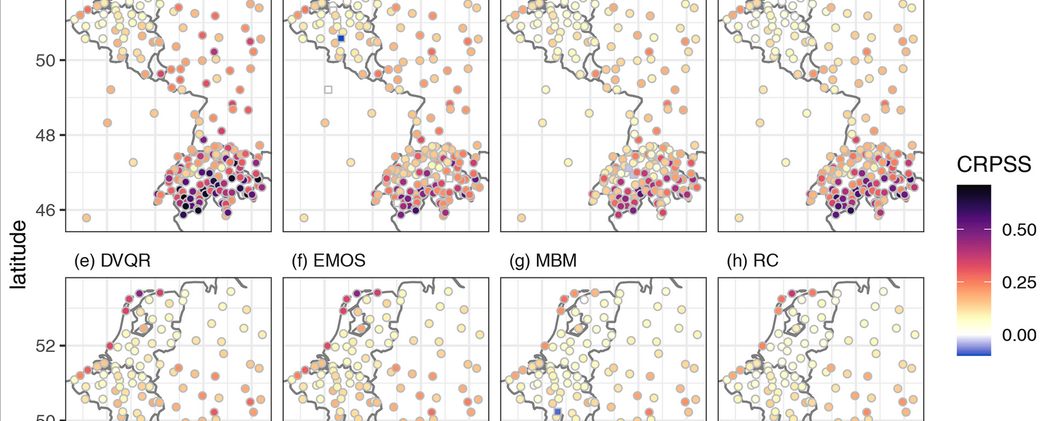 A map showing EUPPBench CRPSS results for all stations over the domain and for all methods.