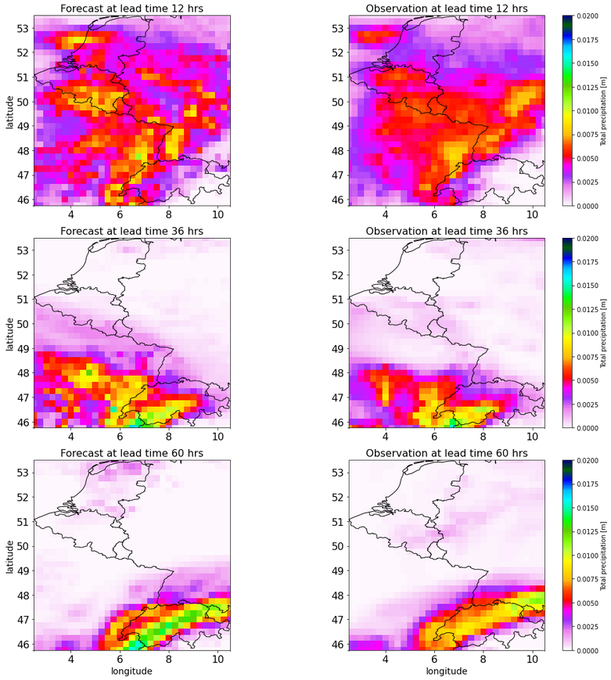 A gridded reforecast of the total precipitation at various lead time issued on the 13 January 1997, and its ERA5 observation fields, both part of the gridded dataset.